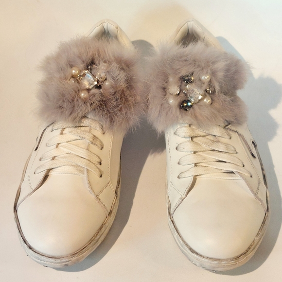 Piranha distressed white leather sneakers w fur trim, EU41, New, trade sample - Picture 14 of 16